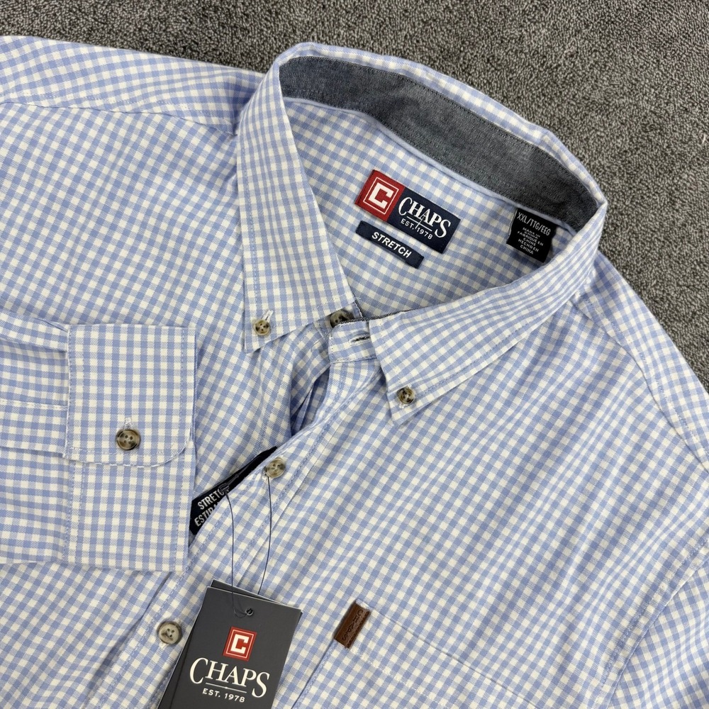 Chaps Mens Blue Mist Gingham Stretch Long Sleeve Button Down Shirt 2XL NEW